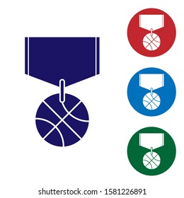 Blue Basketball medal with ribbon icon isolated on white background. Set color icons in circle buttons. Vector Illustration