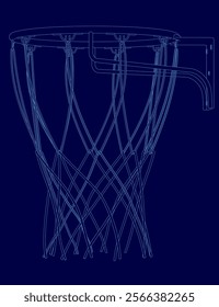 Blue basketball net with a blue rim. The net is made of strings and is very detailed