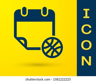 Blue Basketball on sport calendar icon isolated on yellow background.  Vector Illustration