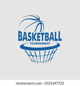 Logotipo do torneio de basquete azul com uma bola dinâmica e gráfico de aro, capturando a emoção e energia do jogo competitivo. Ideal para eventos esportivos e materiais promocionais.