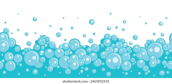 Blue bath foam seamless border. Soap bubbles frame, effervescent suds, fizz shower, water detergent effect, hygiene product advertising, horizontal banner backdrop, nowaday vector background