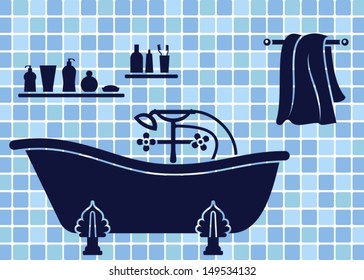 Blue bathroom interior with bath