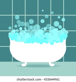 Blue bathroom interior. bath with bubbles. tile in the background. vector illustration