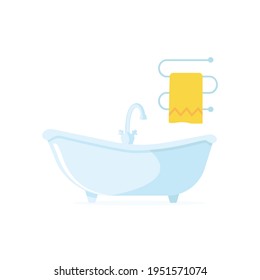 Blue bathroom on legs with faucet, heated towel rail with yellow towel isolated on a white background. Modern bathroom interior.  Element for bathroom design. Vector Illustration