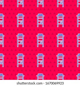 Blue Bathroom rack with shelves for towels icon isolated seamless pattern on red background. Furniture object for bath room interior.  Vector Illustration