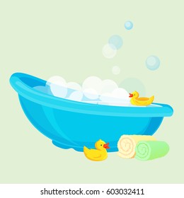 Blue bathtub for child full of bubbles and with yellow duck toys, beige and green rolled towels. Vector illustration in flat design of cleaning template with special equipment in bowl shape.