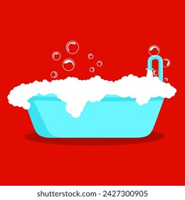 Blue bathtub with soap bubbles and flowing water isolated on red background. Time to shower. The concept of a place to clean the body and swim. Vector illustration