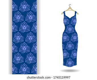 Blue batik pattern with woman dress illustration. Batik fashion design. (you can use this pattern for carpet, tablecloth, wallpaper, invitation, fashion, scarf, pillow, cushion).