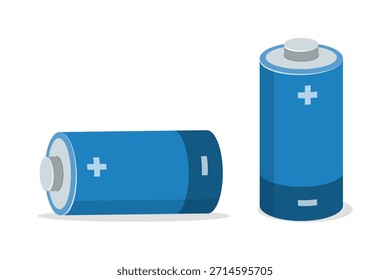 Baterías azules dos piezas una de pie en posición vertical y una Horizontal acostada mostrando polos positivos y negativos