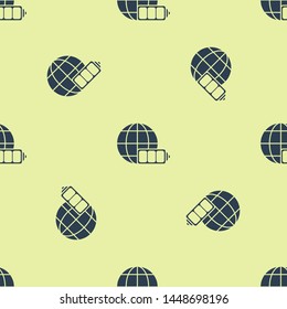 Blue Battery charge level indicator with earth globe icon isolated seamless pattern on white background. World or Earth sign.  Vector Illustration