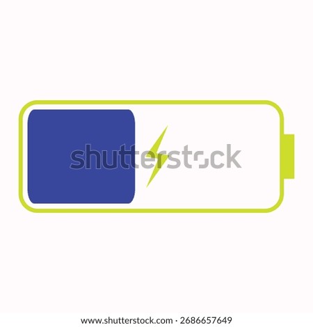 Blue battery charging indicator, full charged battery icon flat design drawing style representing battery power status, used in digital devices to display remaining battery life, charging status