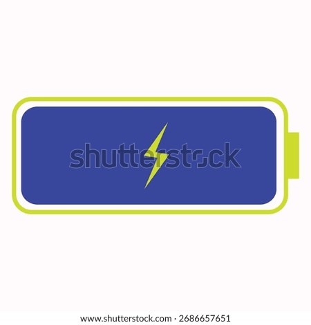 Blue battery charging indicator, full charged battery icon flat design drawing style representing battery power status, used in digital devices to display remaining battery life, charging status
