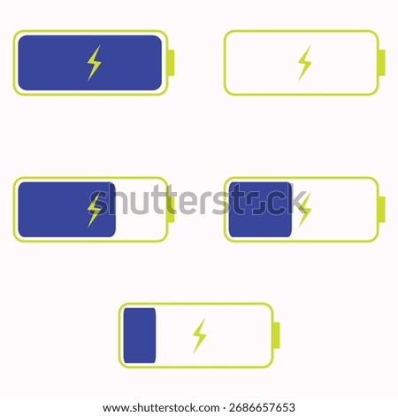 Blue battery charging indicator, full charged battery icon flat design drawing style representing battery power status, used in digital devices to display remaining battery life, charging status