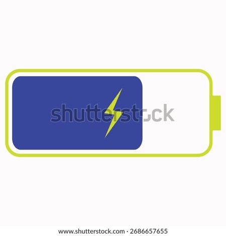 Blue battery charging indicator, full charged battery icon flat design drawing style representing battery power status, used in digital devices to display remaining battery life, charging status