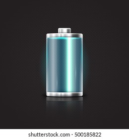 Blue battery, full charge with lighting. Vector illustration.
