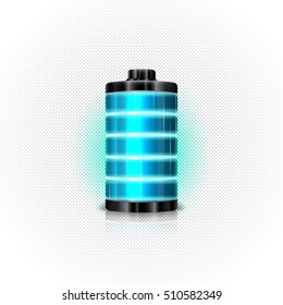 Blue Battery, Full Charge With Lighting. Vector Illustration.