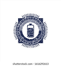 Blue battery icon inside distressed rubber seal