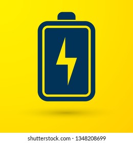 Blue Battery icon isolated on yellow background. Lightning bolt symbol. Vector Illustration