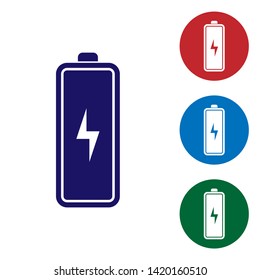 Blue Battery icon isolated on white background. Lightning bolt symbol. Set color icon in circle buttons. Vector Illustration