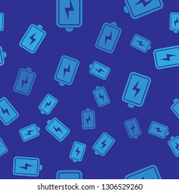 Blue Battery icon isolated seamless pattern on blue background. Lightning bolt symbol. Vector Illustration