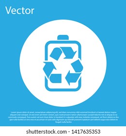 Blue Battery with recycle symbol line icon isolated on blue background. Battery with recycling symbol - renewable energy concept. White circle button. Vector Illustration