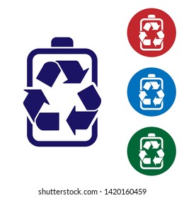 Blue Battery with recycle symbol line icon isolated on white background. Battery with recycling symbol - renewable energy concept. Set color icon in circle buttons. Vector Illustration