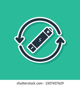 Blue Battery with recycle symbol line icon isolated on green background. Battery with recycling symbol - renewable energy concept.  Vector Illustration