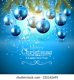 Blue baubles and branches on frozen background - Christmas greeting card 