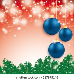 Blue baubles with fir branches on the grey background. Eps 10 vector file.