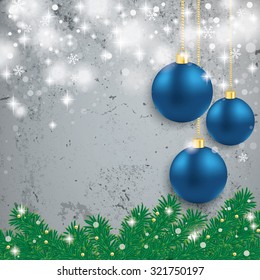 Blue baubles with fir branches on the concrete background. Eps 10 vector file.