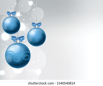 Blue baubles with ribbon and christmas ornaments drawings. White background with bokeh. Christmas vector