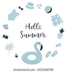 Blue Beach Accessories. Set. Hello Summer concept. Swimsuit, swimming trunks, hat, sunglasses, flip flops, sunscreen, camera, flamingo swimming ring, watermelon, pineapple, ice cream, ball. Vector