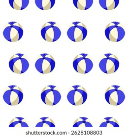 Blue Beach Ball Seamless Pattern. Seamless pattern with blue and white inflatable beach balls in flat cartoon style on white background.