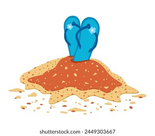 Blue Beach flip flops on sand. Vector illustration. Isolated on white background