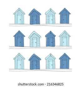 Blue Beach huts - Hand Drawn