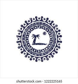 Blue beach icon inside distress rubber stamp with grunge texture