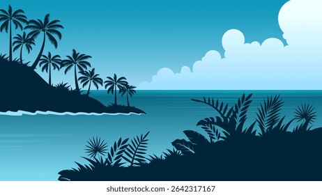 Blue beach landscape background, illustration of lagoon scenery with clear sky and water, silhouette of cliff with coconut trees, summer panoramic banner with copy space