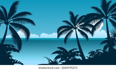 Fundo de paisagem de praia azul, ilustração de paisagem de lagoa com céu claro e água, silhueta de coqueiros, bandeira panorâmica de verão com espaço de cópia	