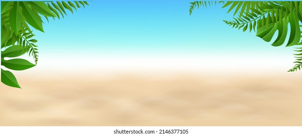Blue Beach With Blue Sky With Tropical Leaves With Gradient Mesh, Vector Illustration