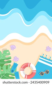 Playa azul y cosas en la arena Ilustración