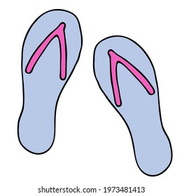 blue beach summer flip flops, summer shoes, vector color doodle element with black outline