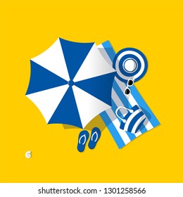 Blue beach umbrella. Aerial view of summer beach.Holiday on sea sand.
