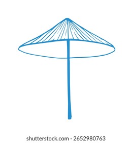 Blue beach umbrella in doodle style. Vacation vector hand drawn illustration
