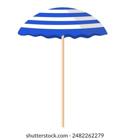 Blue beach umbrella isolated on white, vector flat design. Holiday design element. 