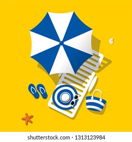 Blue beach umbrella lounger. Aerial view of summer beach.Holiday on sea sand. Vector illustration in flat style.