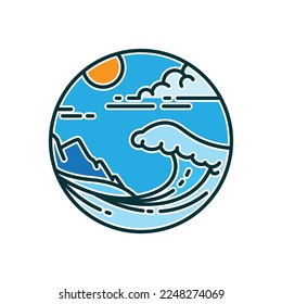 logotipo de olas de playa azules con representación vectorial de montaña