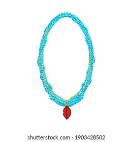 Blue beaded necklace with creative lips pendant. 3d vector illustration.