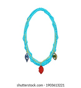 Blue beaded necklace with creative pendants. 3d vector illustration.