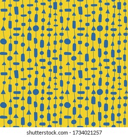 Blue beads on threads with yellow background seamless pattern. Circle, square, triangle abstract sunny print for textile, texture, apparel, fabric. EPS10