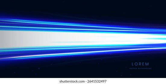 Blue beam glowing horizontal on dark backround. Hi speed motion moving concept. Vector illustration